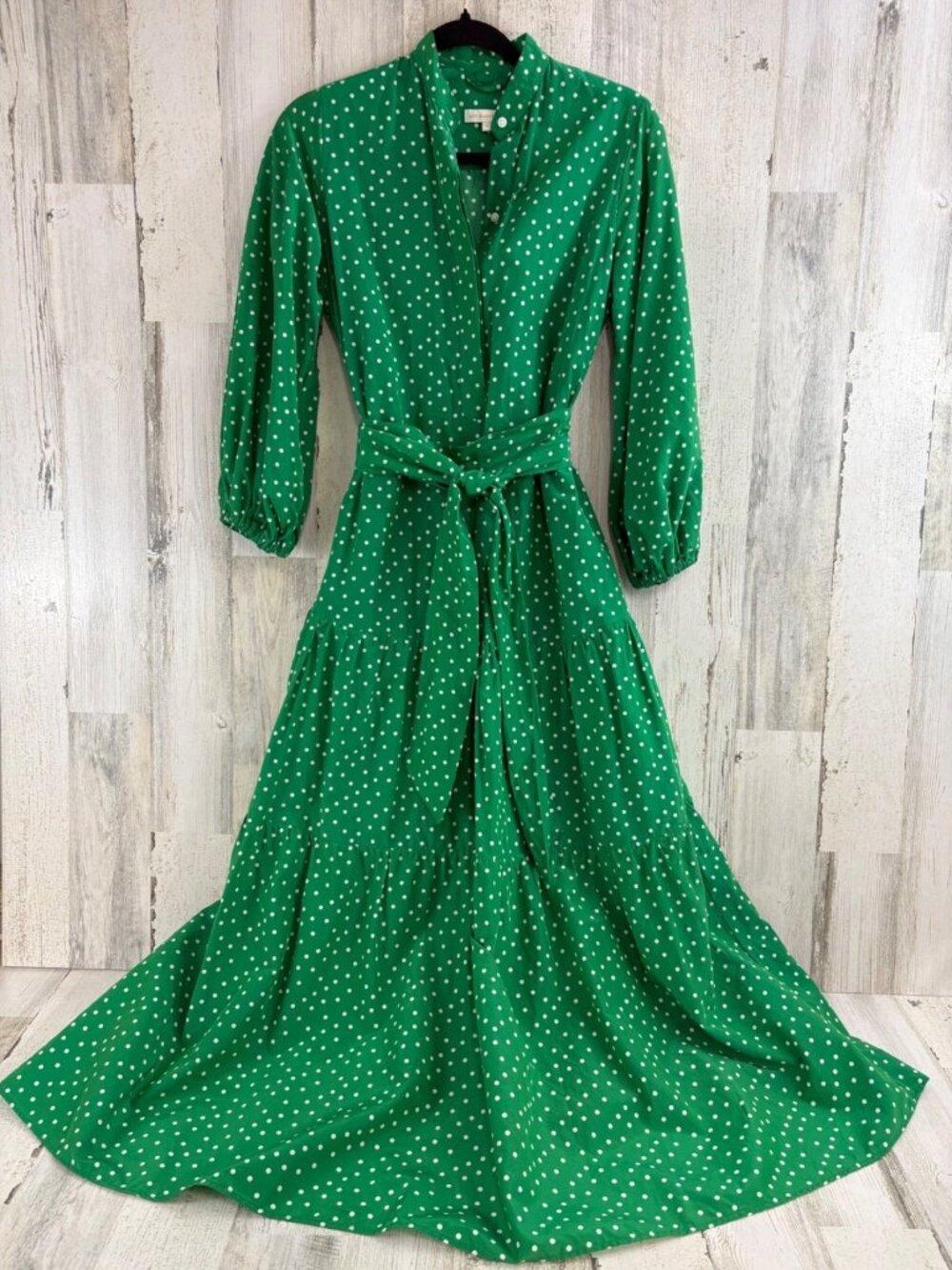 Ann Mashburn Sz S Isla Maxi Shirtdress Dress Cotton Silk Green Polka Dot